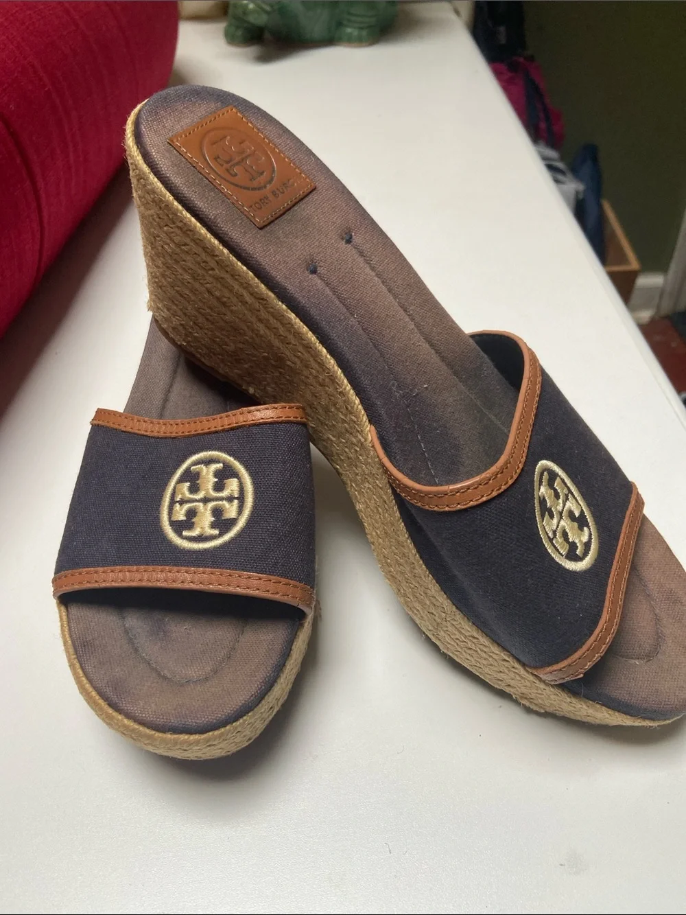 Tory Burch Navy Canvas Wedge Slide with Brown Trim and Gold Logo